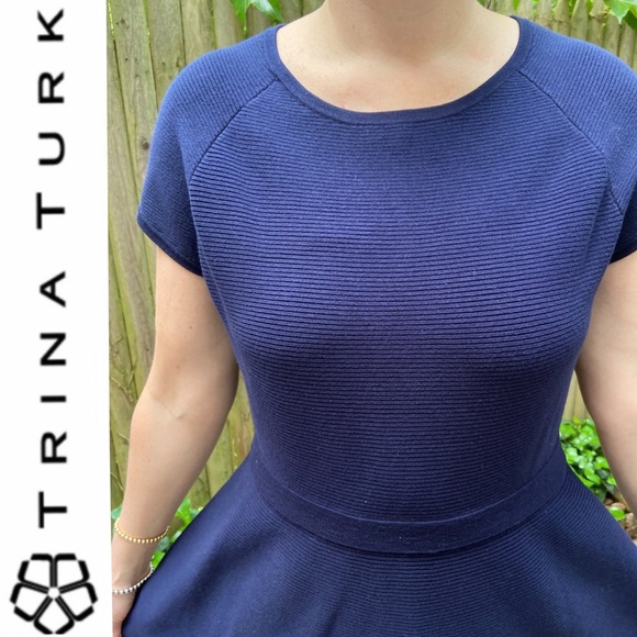 $324 Trina Turk Fit-&-Flare Navy Sweater Dress — size XL, NWT - Picture 3 of 10